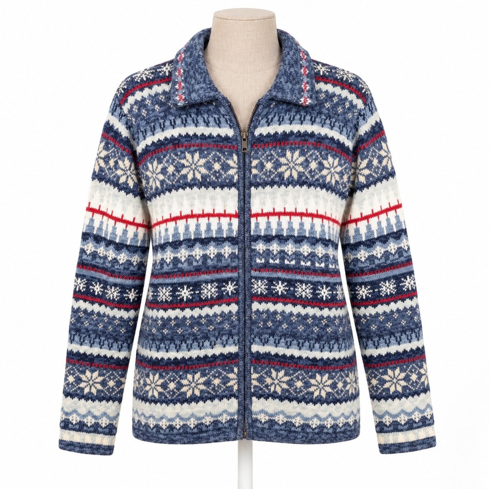 Vintage 90s Fair Isle Snowflake Zip Cardigan Size S Blue Nordic Apre Ski Cottage